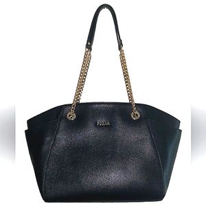 FURLA BLACK CHAIN LEATHER TOTE EUC AUTHENTIC